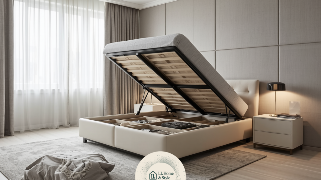 Bett mit Bettkasten in kleinem Schlafzimmer