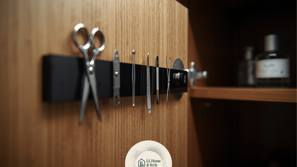 Magnetic strip in bathroom for smart DIY storage ideas