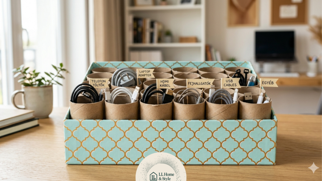 Rendszerezett DIY tárolási ötletek kábeleknek papírgurigákkal